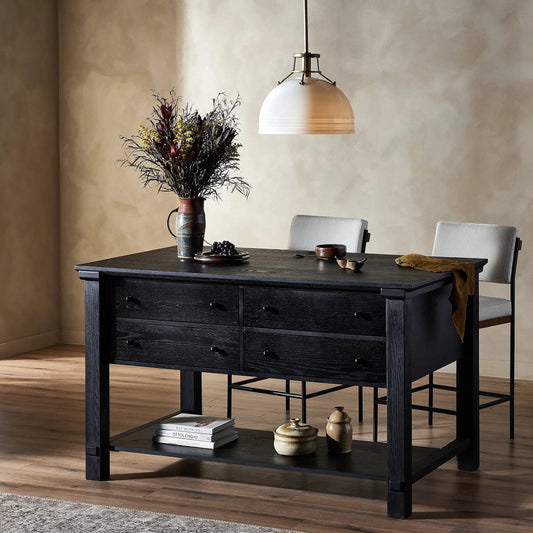 Gardendale Small Kitchen Island by Four Hands in stained black oak veneer, black iron. Made from oak veneer, iron in a unique style.