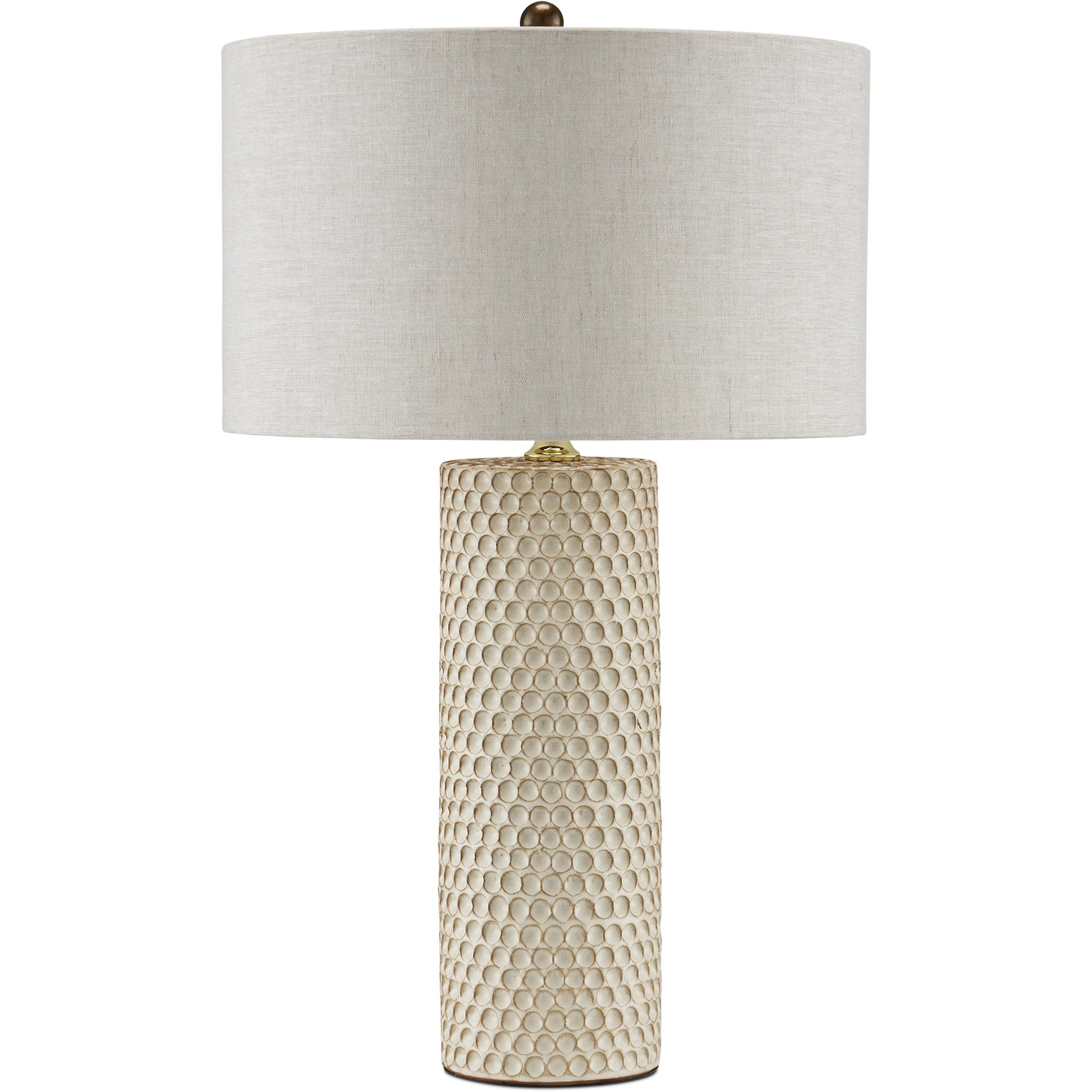Polka Dot Table Lamp by Currey and Company in reactive blue, polished brass. Made from ceramic in a modern style.