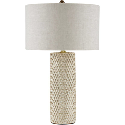 Polka Dot Table Lamp by Currey and Company in reactive blue, polished brass. Made from ceramic in a modern style.