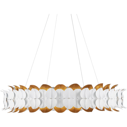 Aventine Chandelier by Currey and Company in gesso white, contemporary gold. Made from wrought iron in a unique style.