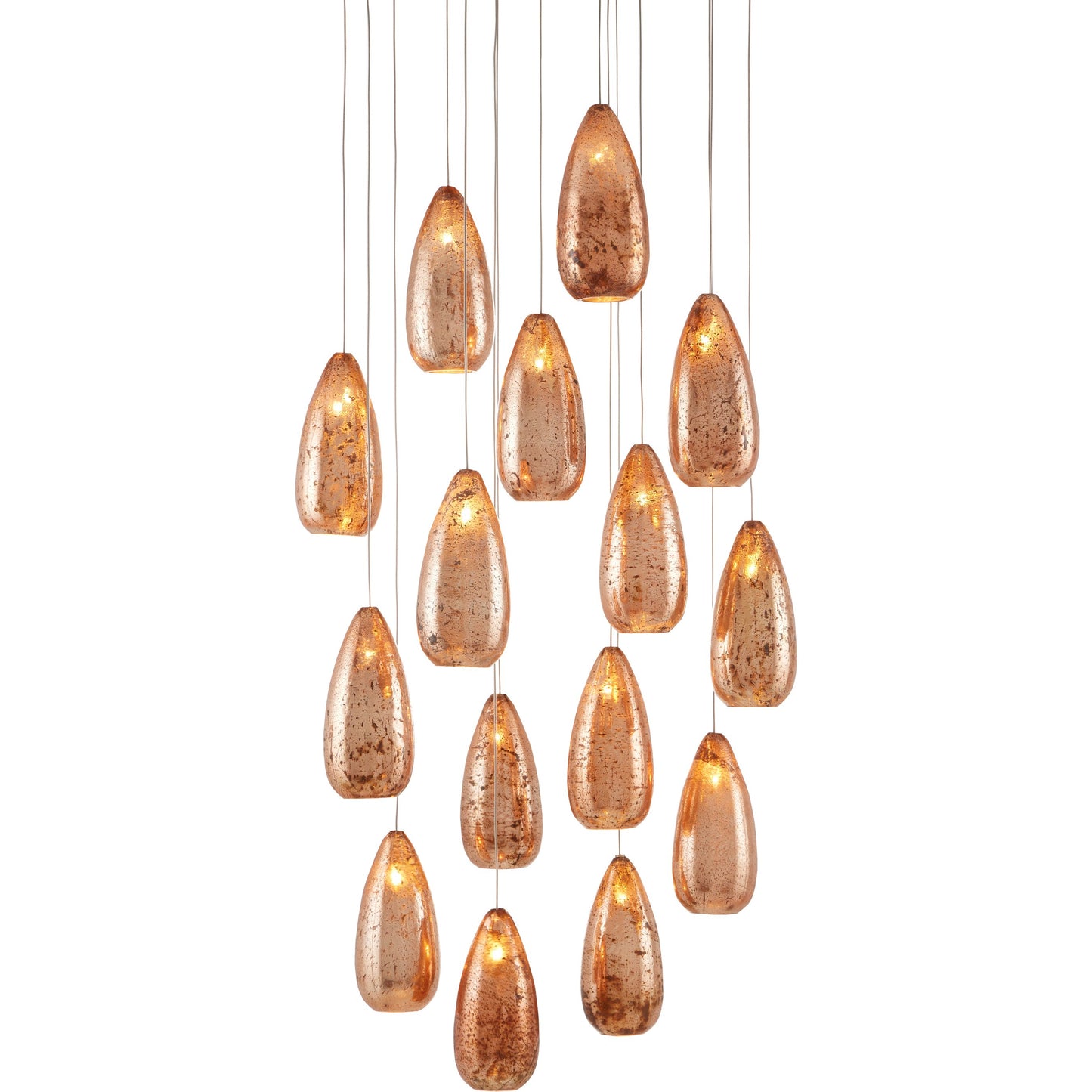 001 SI-1894504 | Primary Silo | Rame Round 15-LIGHT Multi-Drop Pendant by Currey and Company in copper, silver. Made from antique copper, glass in a transitional style.