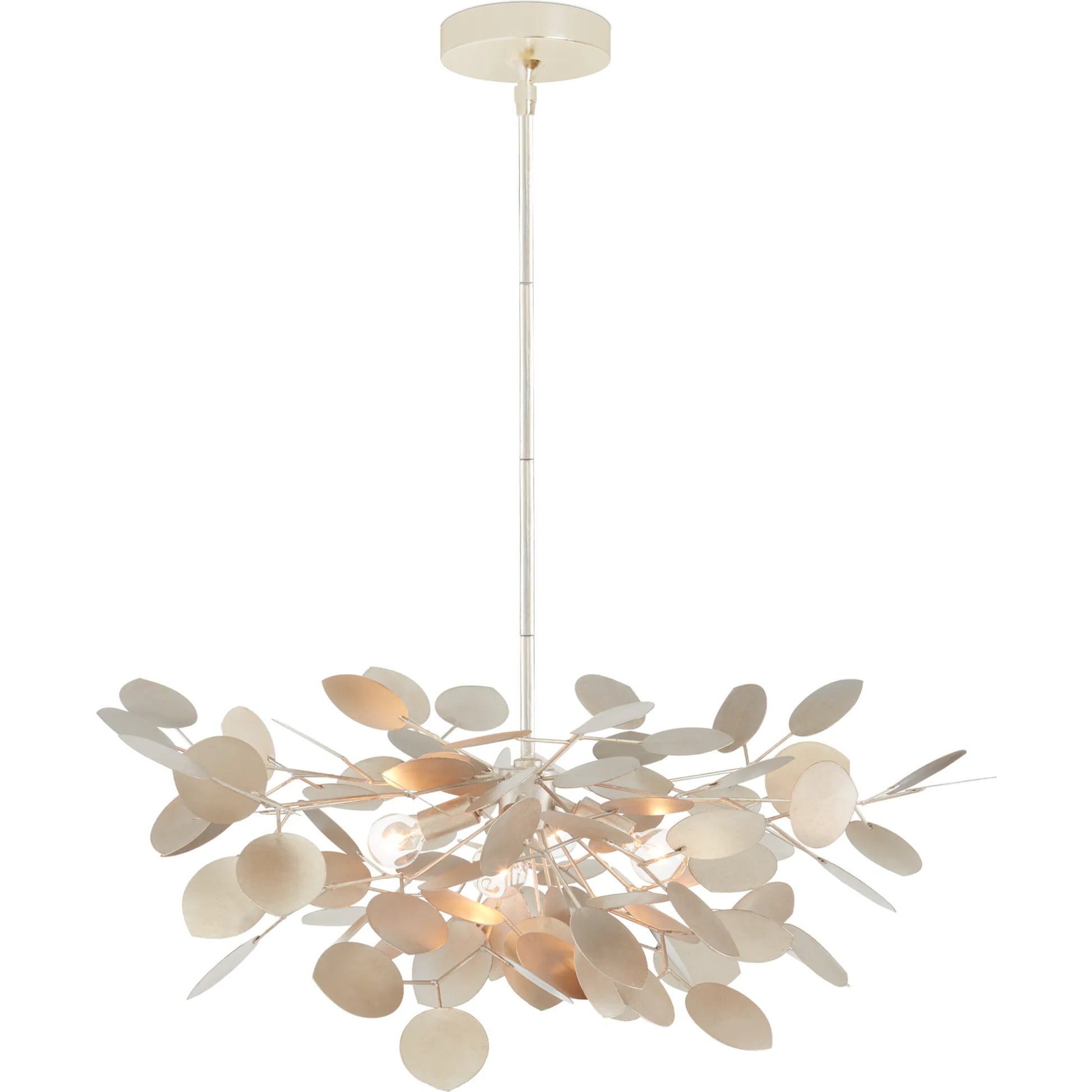 Lunaria Small Chandelier by Currey and Company in contemporary silver leaf. Made from wrought iron in a transitional style.