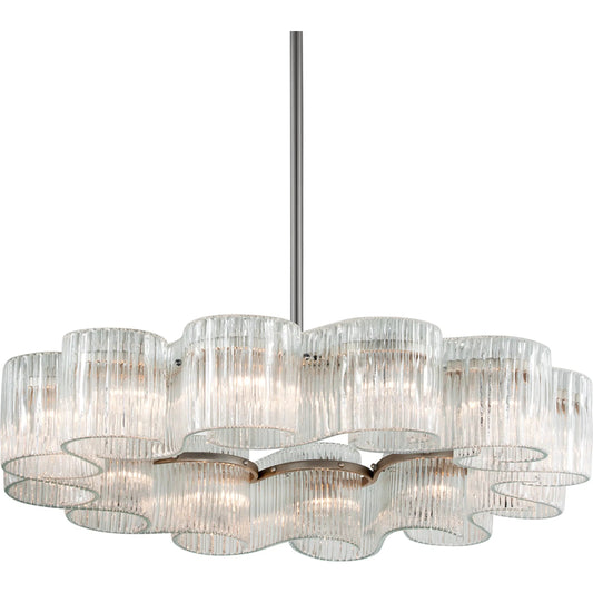 Circo Chandelier by Corbett in warm silver leaf. Made from hand crafted iron in a unique style.