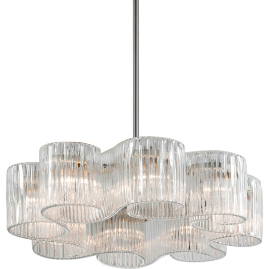 Circo 8 Light Chandelier by Corbett in satin silver leaf. Made from crafted iron in a modern style.
