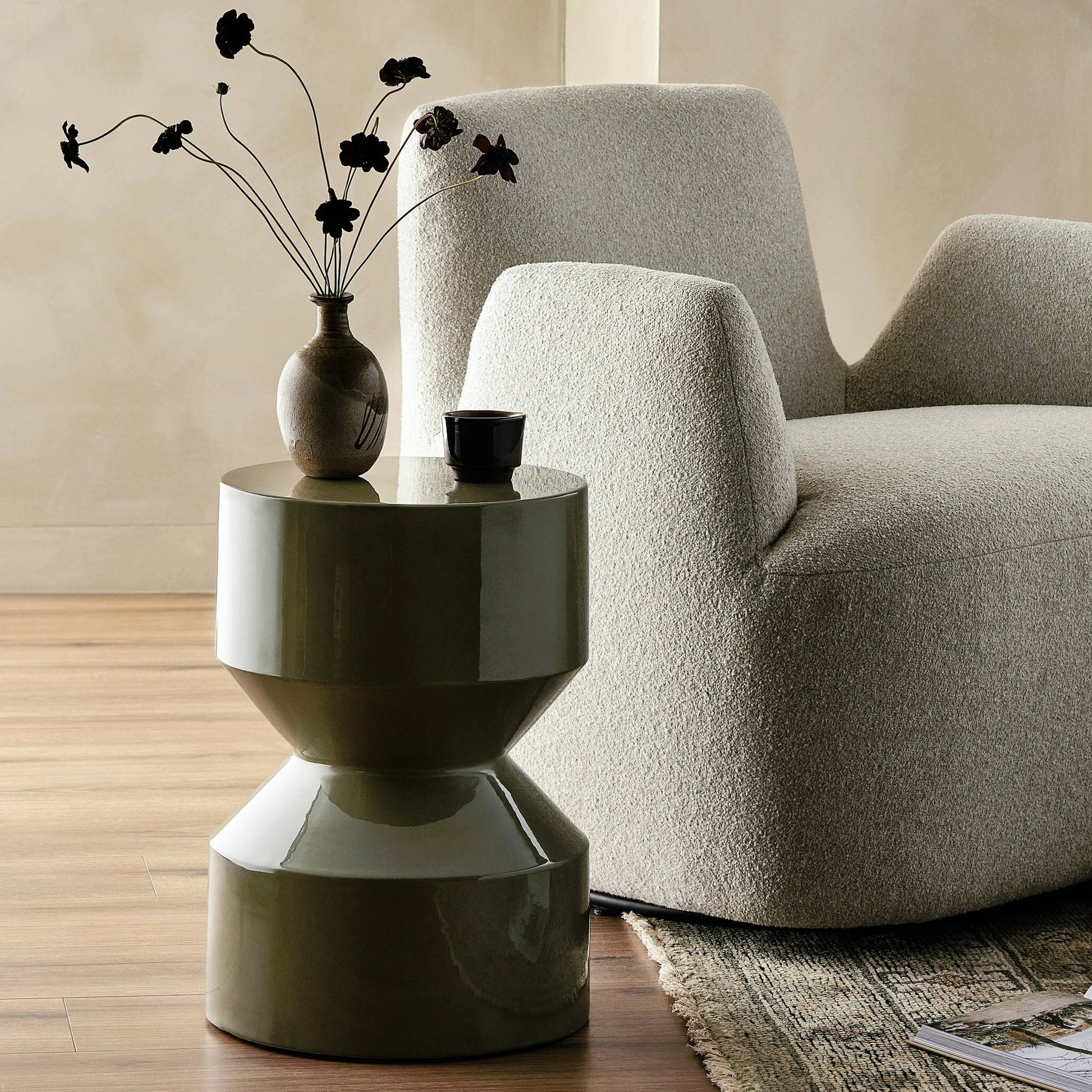 Ara End Table by Four Hands in moss lacquered concrete. Made from unique in a modern style.