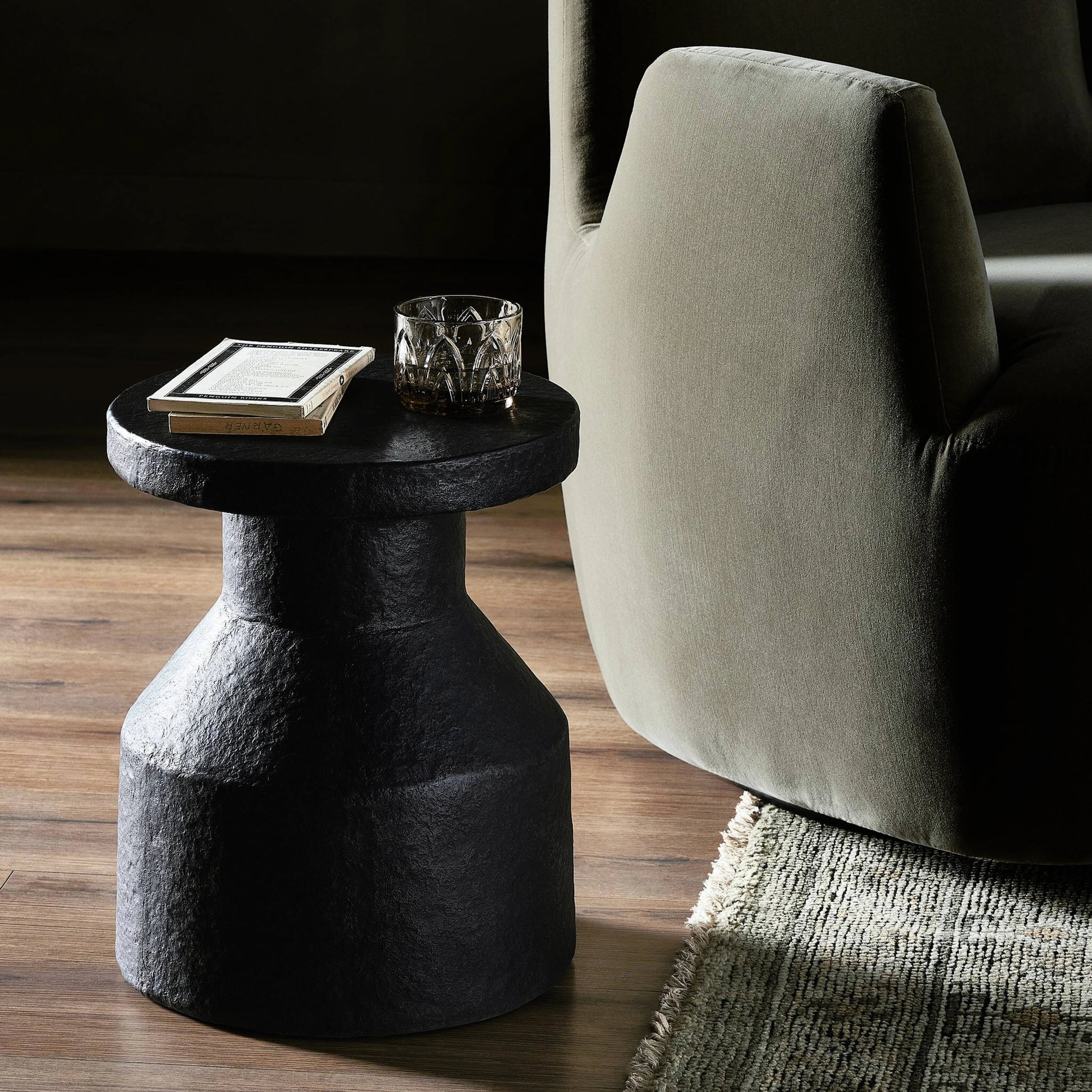 Odeon End Table by Four Hands in distressed graphite concrete. Made from unique in a modern style.