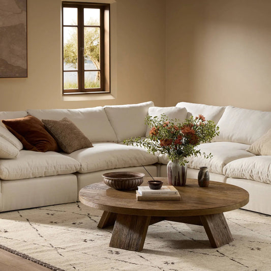 Sparrow Coffee Table by Four Hands in washed old oak resawn. Made from resawn oak veneer in a unique style.