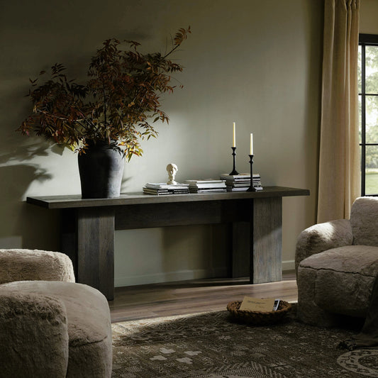 Yarra Console Table by Four Hands in grey oak veneer. Made from thick oak veneer, poplar plywood in a modern style.