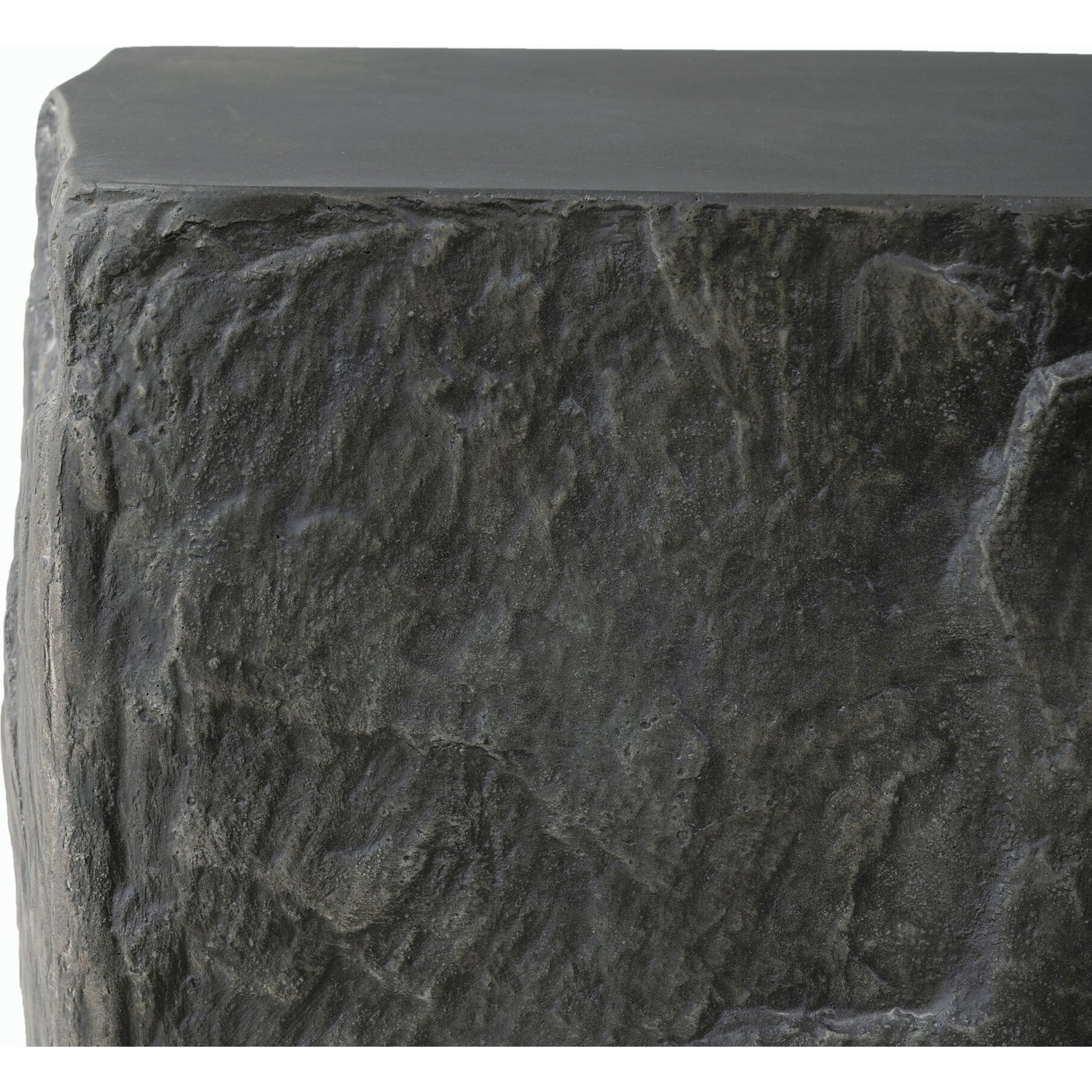 Lucius End Table by Four Hands in smooth black concrete, textured black concrete and smooth black concrete. Made from concrete in a modern style.
