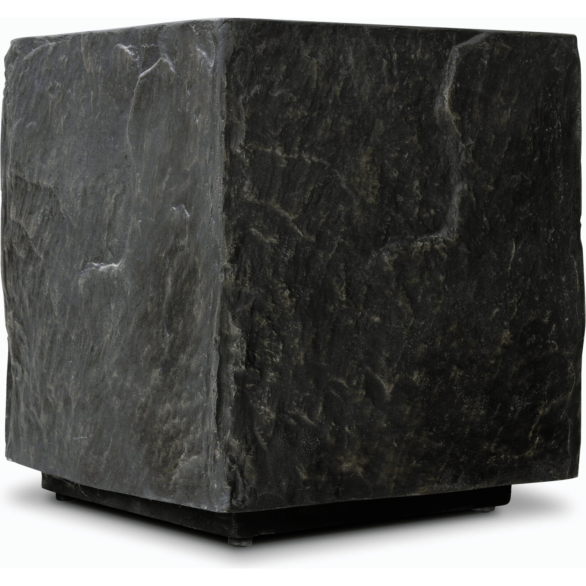 Lucius End Table by Four Hands in smooth black concrete, textured black concrete and smooth black concrete. Made from concrete in a modern style.