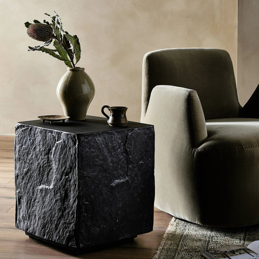 Lucius End Table by Four Hands in smooth black concrete, textured black concrete and smooth black concrete. Made from concrete in a modern style.