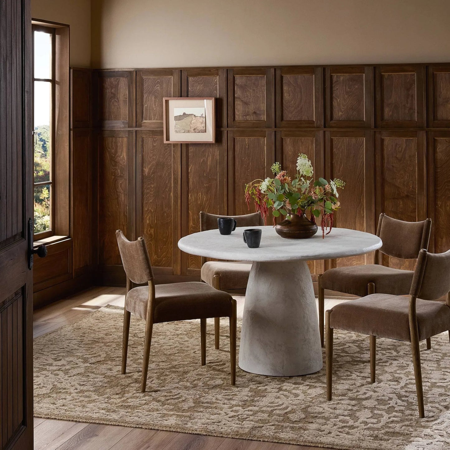 012 SI-2519204 | Lifestyle | Janice Dining Table by Four Hands in textured lunar concrete. Made from solid concrete in a transitional style.