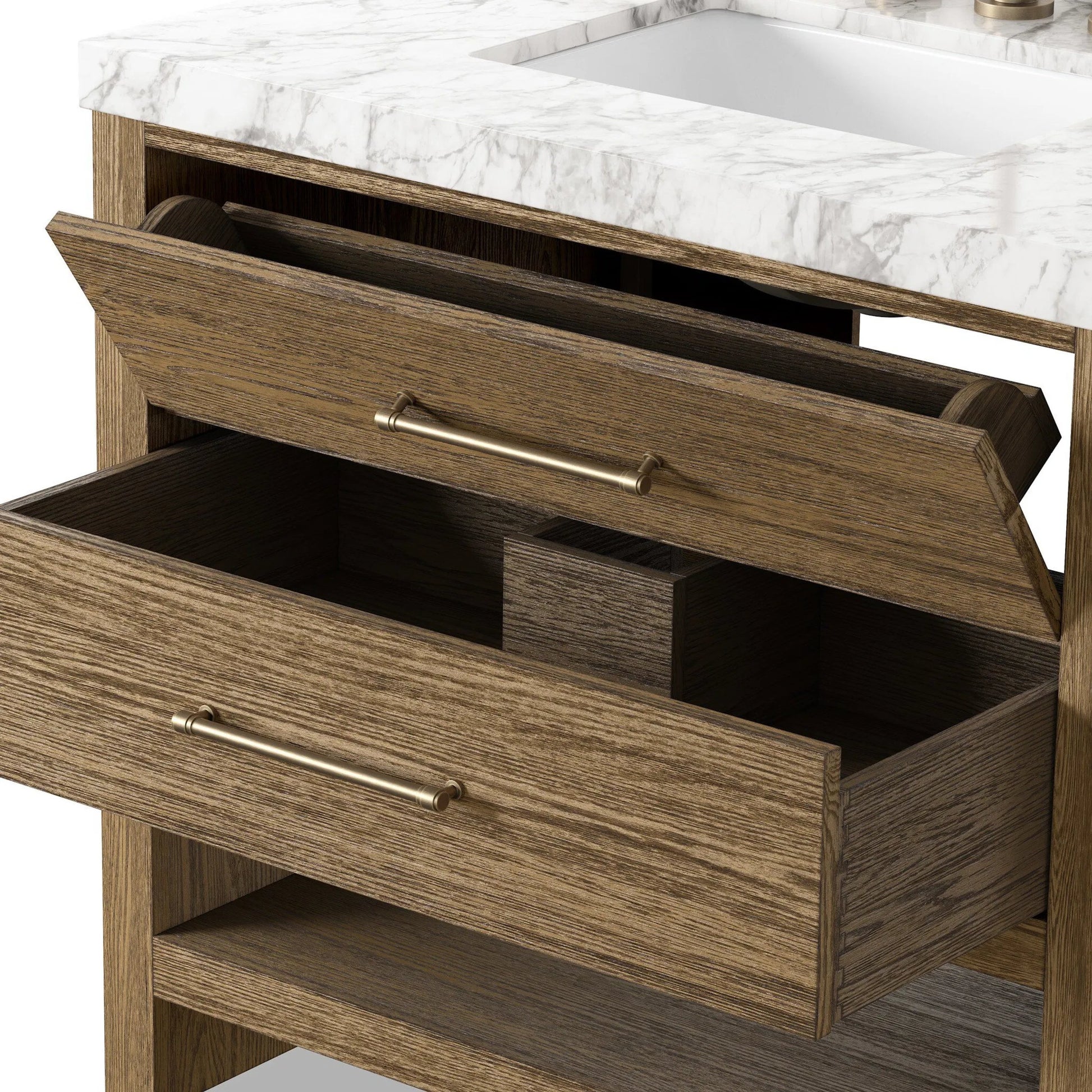 Anthem Single Vanity by Four Hands. Made from thick oak veneer, solid marble in a unique style.