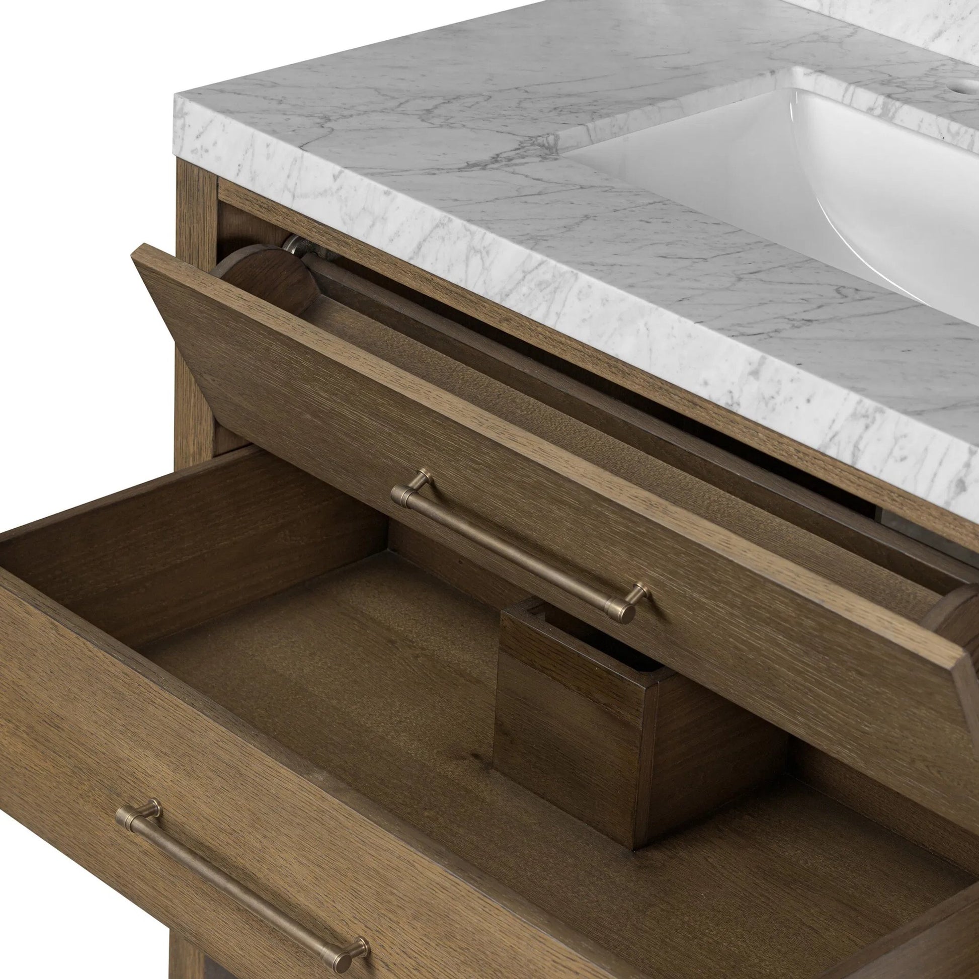 Anthem Single Vanity by Four Hands. Made from thick oak veneer, solid marble in a unique style.
