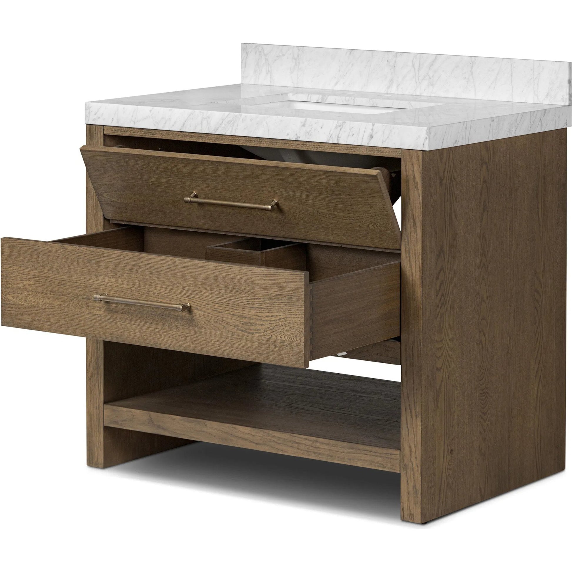 Anthem Single Vanity by Four Hands. Made from thick oak veneer, solid marble in a unique style.