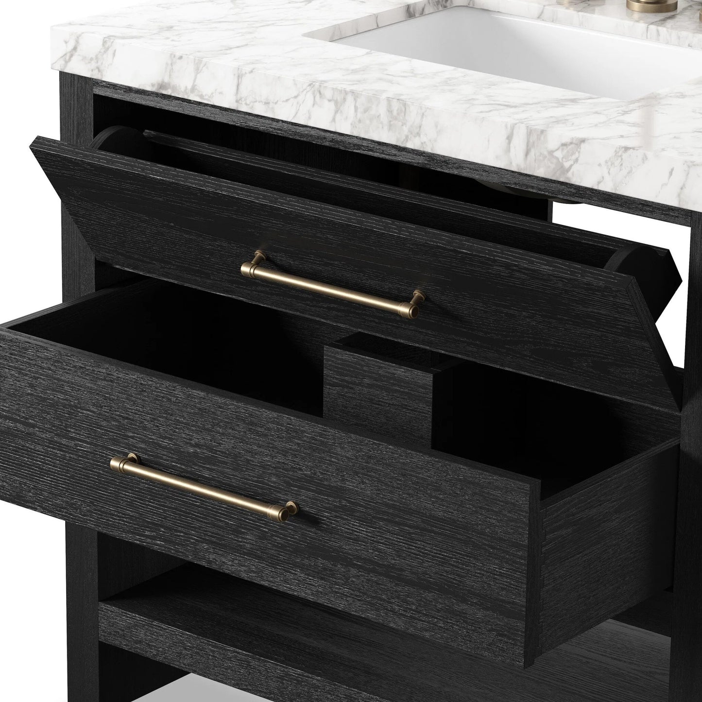 018 SI-2377098 | Closeup | Anthem Single Vanity by Four Hands. Made from thick oak veneer, solid marble in a unique style.