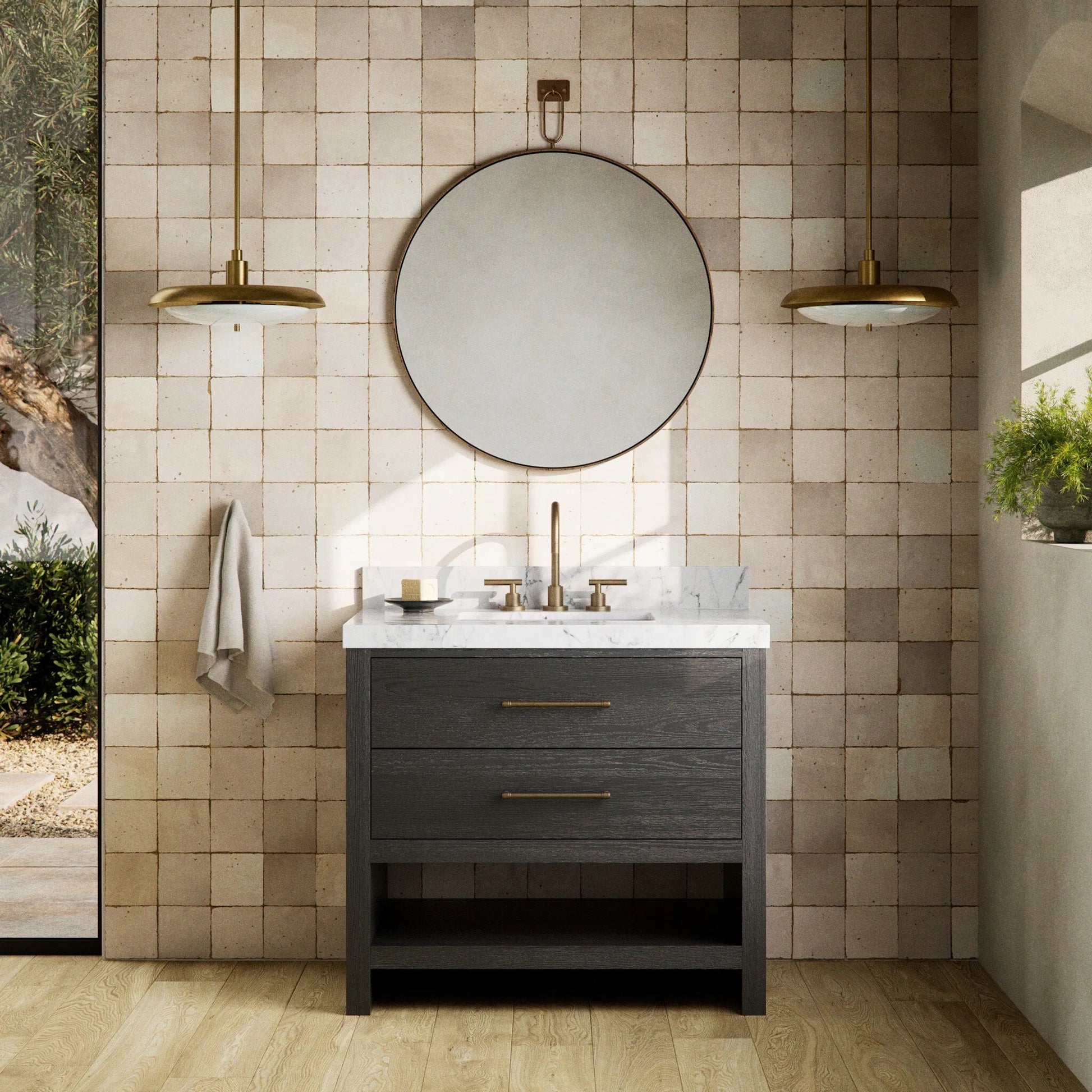 Anthem Single Vanity by Four Hands. Made from thick oak veneer, solid marble in a unique style.