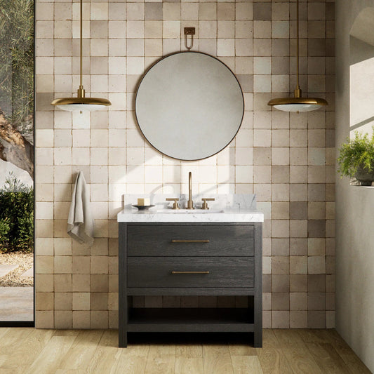 Anthem Single Vanity by Four Hands. Made from thick oak veneer, solid marble in a unique style.