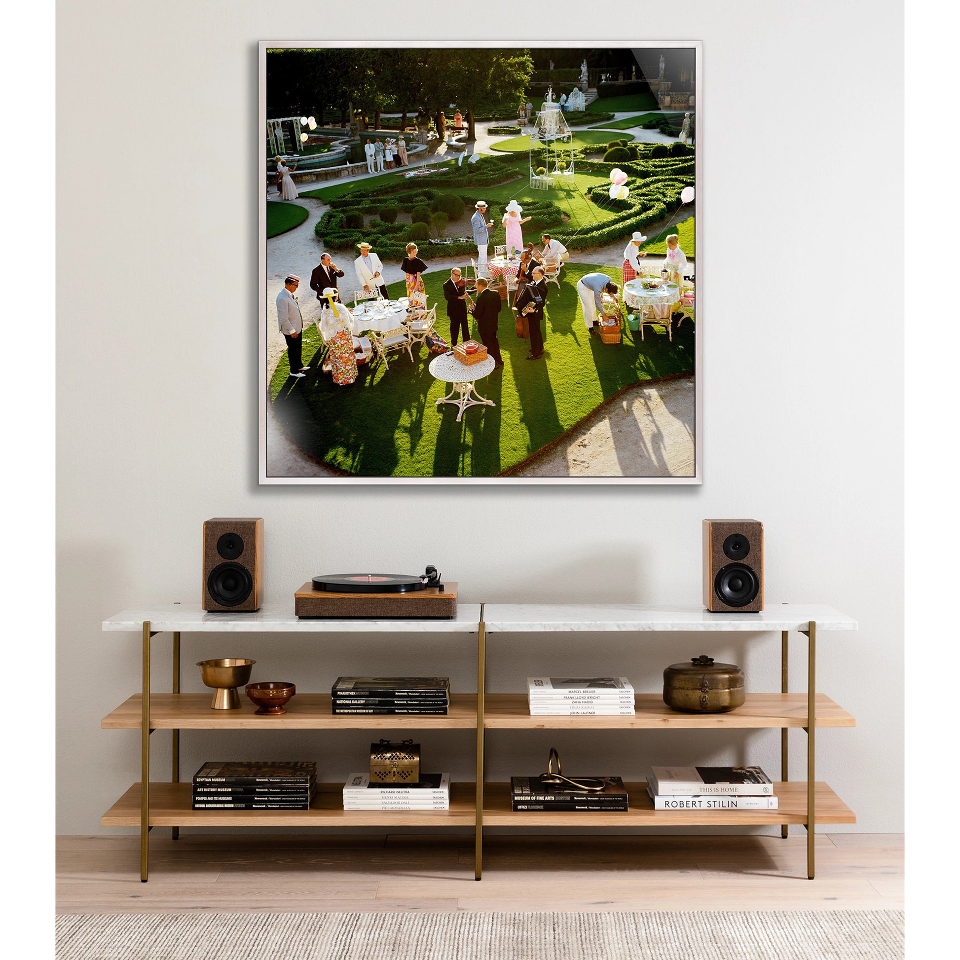 Garden Party by Slim Aarons by Four Hands. Made from american maple floater, gloss white chromaluxe in a modern style.