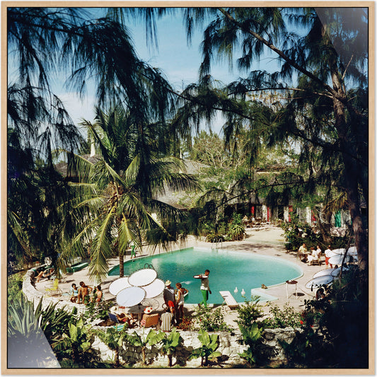 Eleuthra Pool Party by Slim Aarons by Four Hands. Made from vertical grain floater white oak, gloss white chromaluxe in a coastal style.