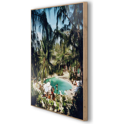 Eleuthra Pool Party by Slim Aarons by Four Hands. Made from vertical grain floater white oak, gloss white chromaluxe in a coastal style.