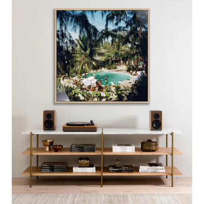 Eleuthra Pool Party by Slim Aarons by Four Hands. Made from vertical grain floater white oak, gloss white chromaluxe in a coastal style.
