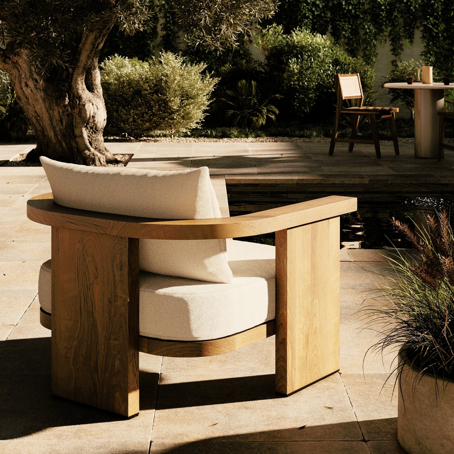 014 SI-2158527 | Lifestyle | Tahana Outdoor Chair by Four Hands in alessi linen, stained toasted brown-fsc. Made from 100% polypropylene, solid fsc®-certified teak, 59% polyurethane foam, 30% polyester fiber, 11% polyester fiber batting in a modern style.