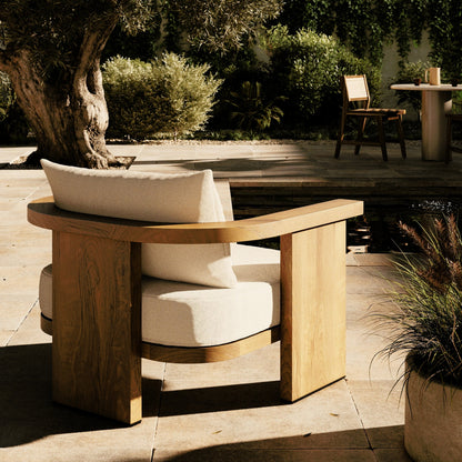 Tahana Outdoor Chair by Four Hands in alessi linen, stained toasted brown-fsc. Made from 100% polypropylene, solid fsc®-certified teak, 59% polyurethane foam, 30% polyester fiber, 11% polyester fiber batting in a modern style.