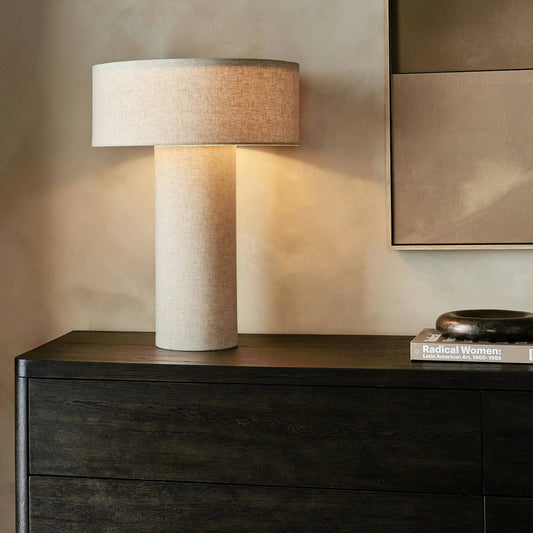 Hensley Table Lamp by Four Hands in antique brass iron, flax linen. Made from iron, 75% flax/linen, 25% cotton in a modern style.