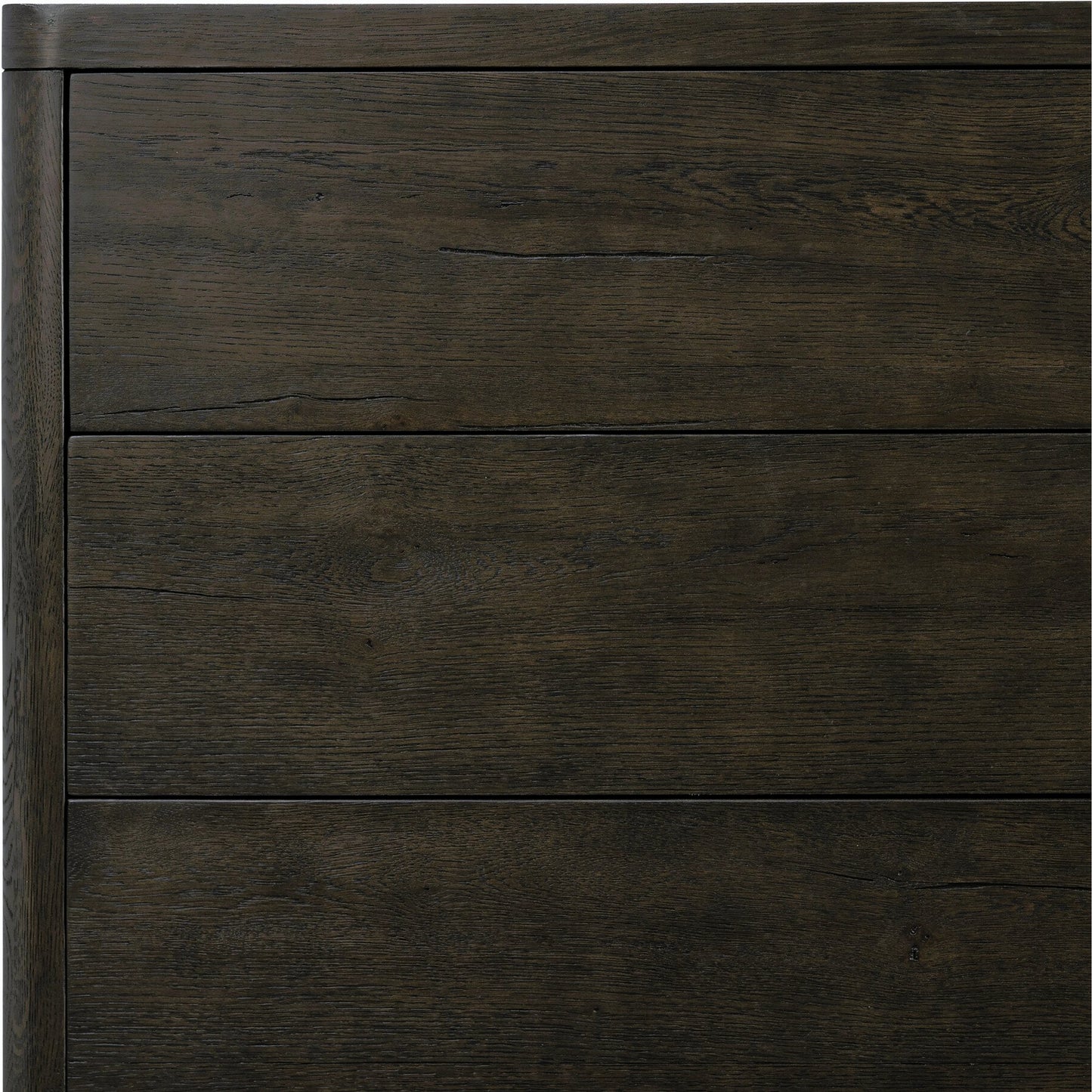 007 SI-2158337 | Closeup | Noeline 6 Drawer Dresser by Four Hands in smoked black oak veneer. Made from thick oak veneer, solid oak in a modern style.