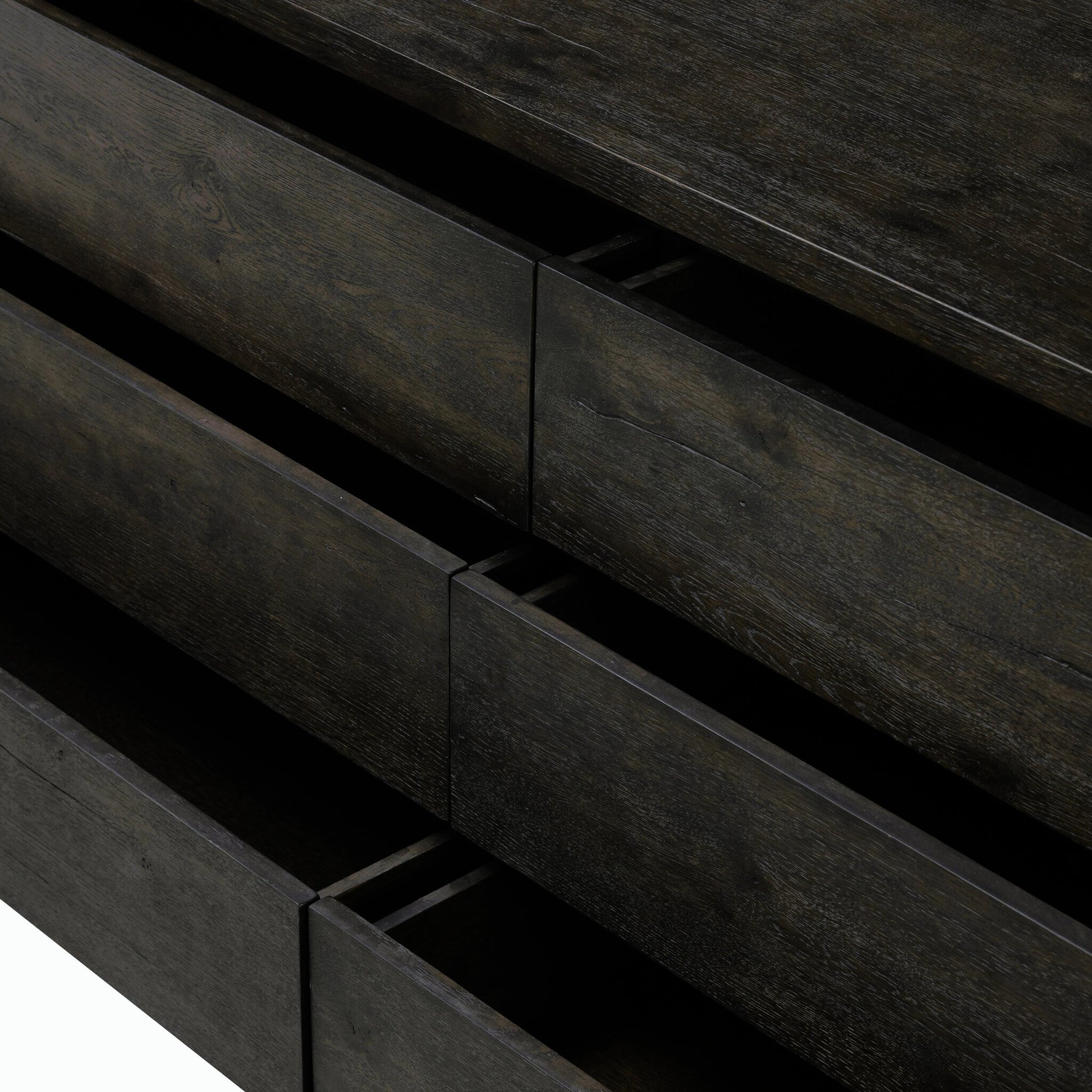 Noeline 6 Drawer Dresser by Four Hands in smoked black oak veneer. Made from thick oak veneer, solid oak in a modern style.