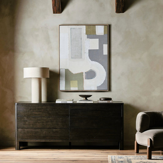 Noeline 6 Drawer Dresser by Four Hands in smoked black oak veneer. Made from thick oak veneer, solid oak in a modern style.