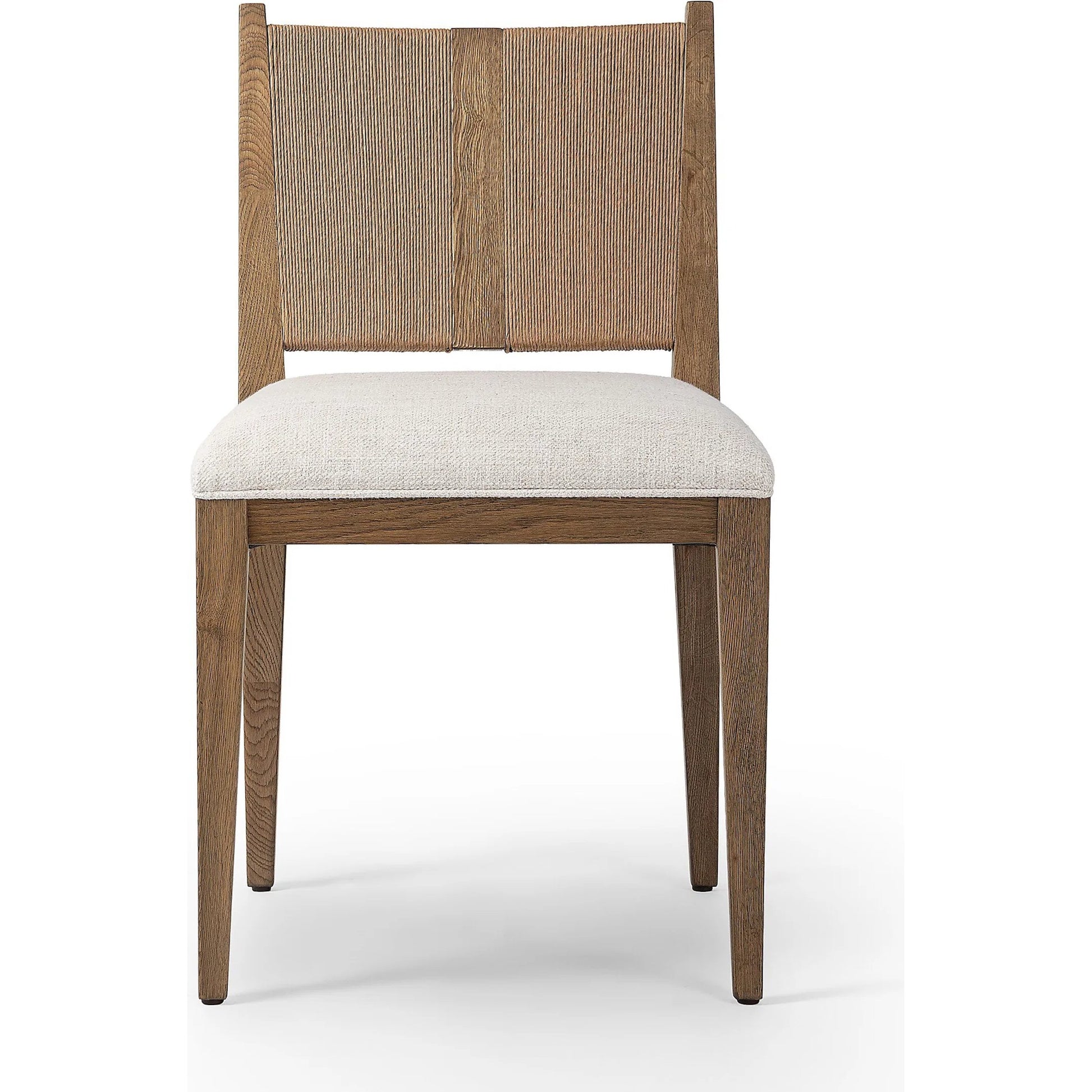 Selene Dining Chair by Four Hands in dover crescent, aged oak, natural paper cord. Made from 71% viscose (rayon), 17% polyester, 12% flax/linen, solid oak, rush in a transitional style.