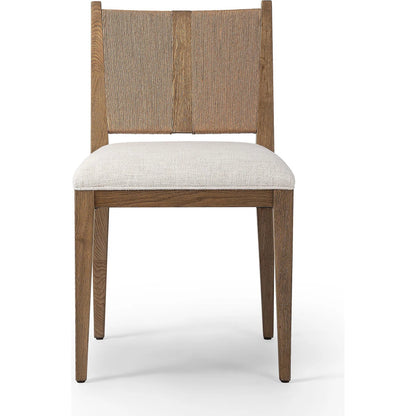 Selene Dining Chair by Four Hands in dover crescent, aged oak, natural paper cord. Made from 71% viscose (rayon), 17% polyester, 12% flax/linen, solid oak, rush in a transitional style.