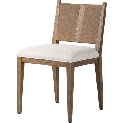 Selene Dining Chair by Four Hands in dover crescent, aged oak, natural paper cord. Made from 71% viscose (rayon), 17% polyester, 12% flax/linen, solid oak, rush in a transitional style.
