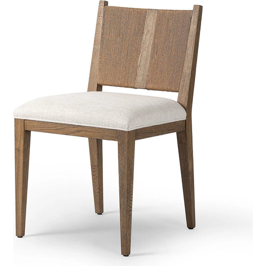 Selene Dining Chair by Four Hands in dover crescent, aged oak, natural paper cord. Made from 71% viscose (rayon), 17% polyester, 12% flax/linen, solid oak, rush in a unique style.