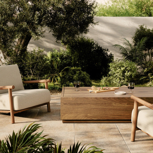 Messo Outdoor Coffee Table by Four Hands in stained toasted brown-fsc. Made from solid fsc®-certified teak in a modern style.