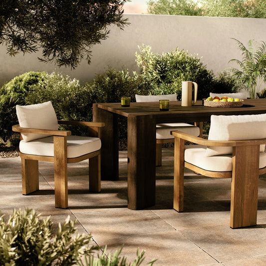 Tahana Outdoor Dining Armchair by Four Hands in alessi linen, stained toasted brown-fsc and alessi linen. Made from 100% polypropylene, solid fsc®-certified teak, 59% polyurethane foam, 30% polyester fiber, 11% polyester fiber 