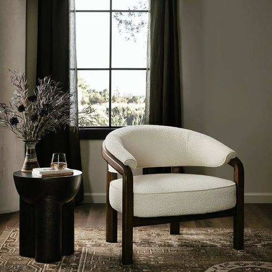 Marci Chair by Four Hands in altro snow, terra brown oak and altro snow. Made from 95% polyester, 5% acrylic, solid oak, 100% polyester in a modern style.