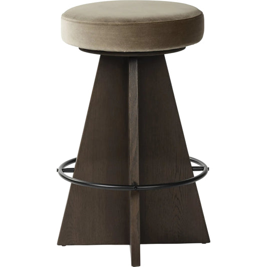 Damon Swivel Counter Stool by Four Hands in sapphire khaki, burnt oak, midnight iron. Made from 95% polyester, 5% cotton, solid oak, iron in a unique style.