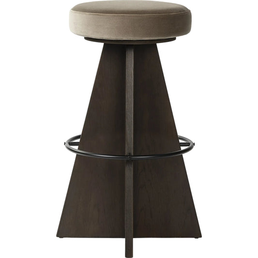 Damon Swivel Bar Stool by Four Hands in sapphire khaki, burnt oak, midnight iron. Made from 95% polyester, 5% cotton, solid oak, iron in a unique style.
