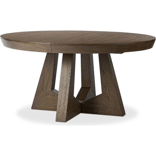 Zelda Round Extension Dining Table by Four Hands in fawn oak veneer. Made from oak veneer, solid oak in a unique style.