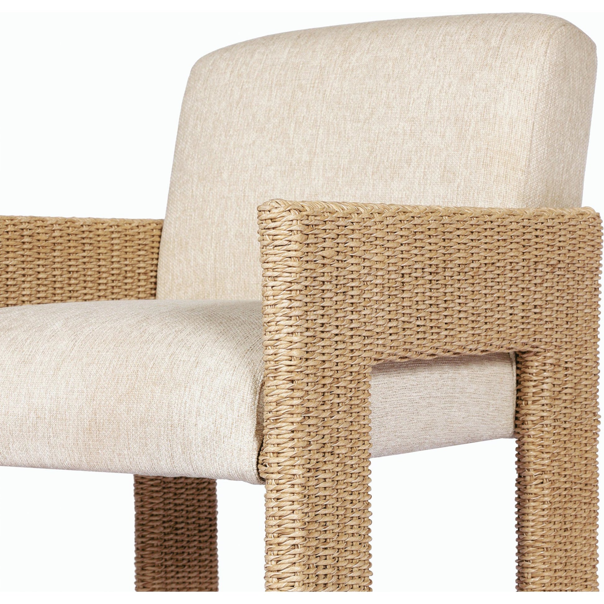 Amur Outdoor Dining Chair by Four Hands. Made from 100% olefin, 100% polyethylene, 74% polyurethane foam pad, 26% polyester fiber batting in a modern style.
