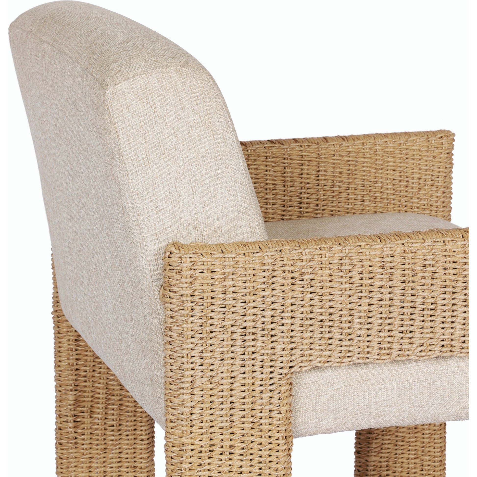 Amur Outdoor Dining Chair by Four Hands. Made from 100% olefin, 100% polyethylene, 74% polyurethane foam pad, 26% polyester fiber batting in a modern style.