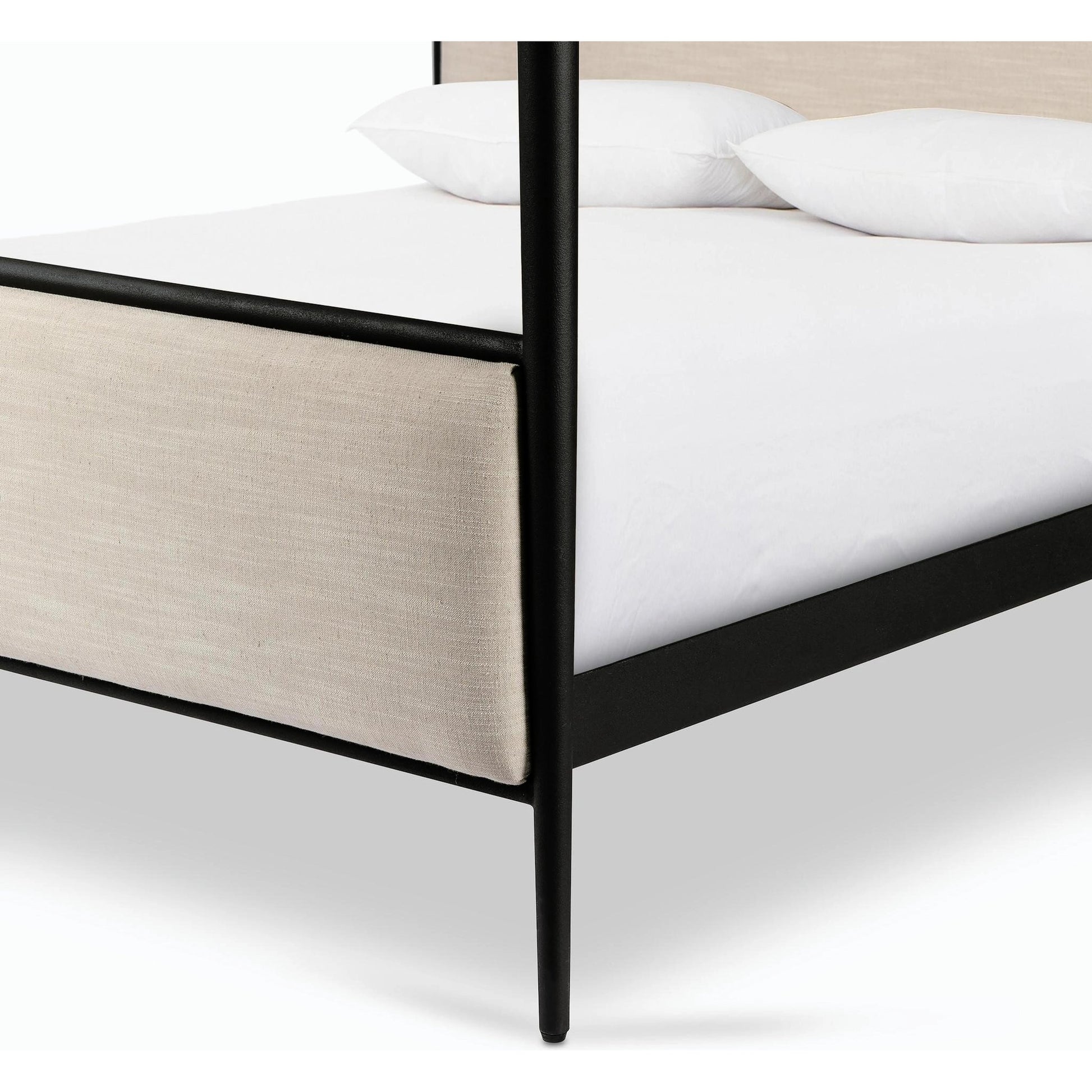 Xander Canopy Bed by Four Hands in savoy parchment, textured black iron. Made from 54% polyester, 36% viscose (rayon), 10% flax/linen, iron in a modern style.