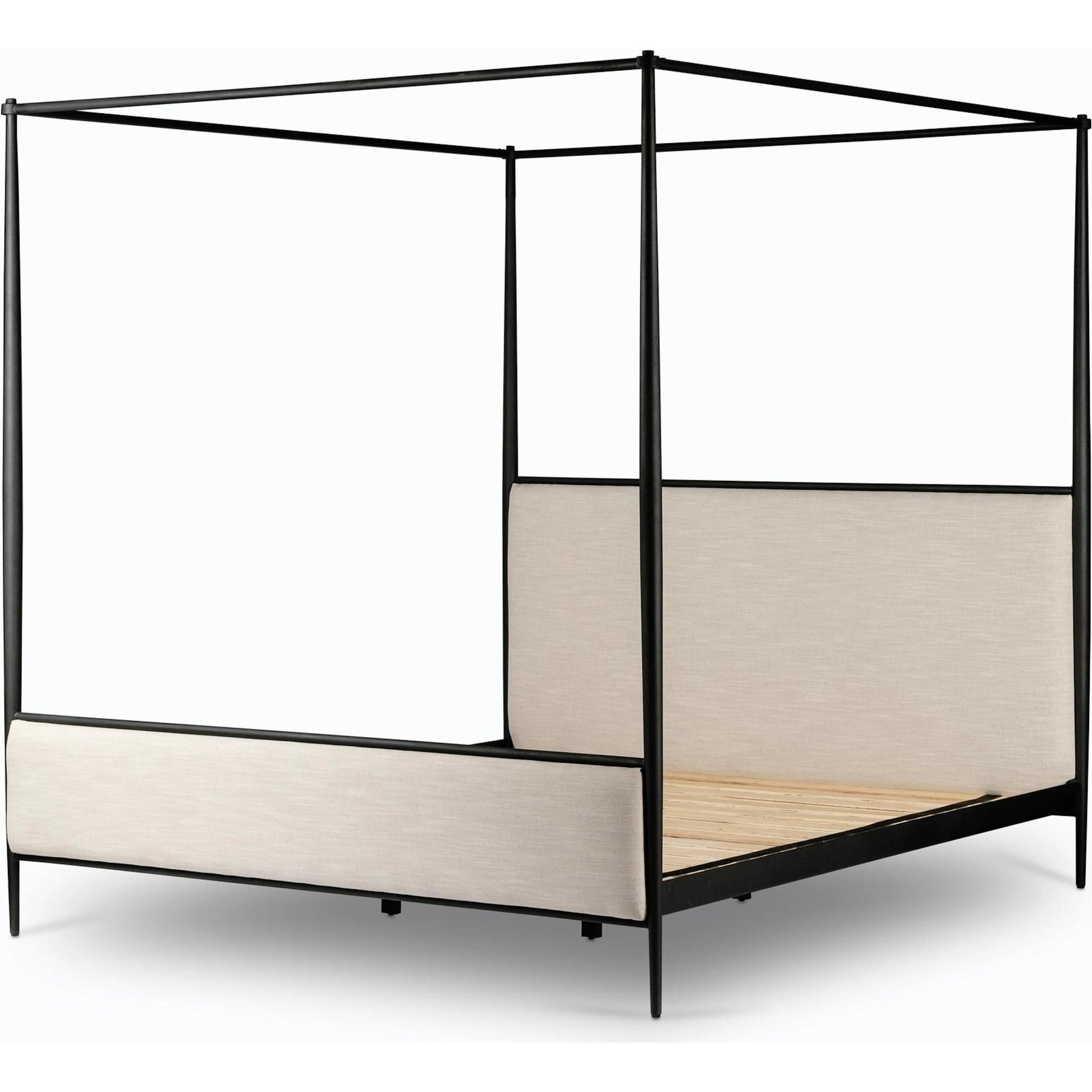 Xander Canopy Bed by Four Hands in savoy parchment, textured black iron. Made from 54% polyester, 36% viscose (rayon), 10% flax/linen, iron in a modern style.