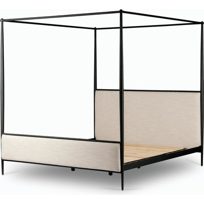 Xander Canopy Bed by Four Hands in savoy parchment, textured black iron. Made from 54% polyester, 36% viscose (rayon), 10% flax/linen, iron in a modern style.