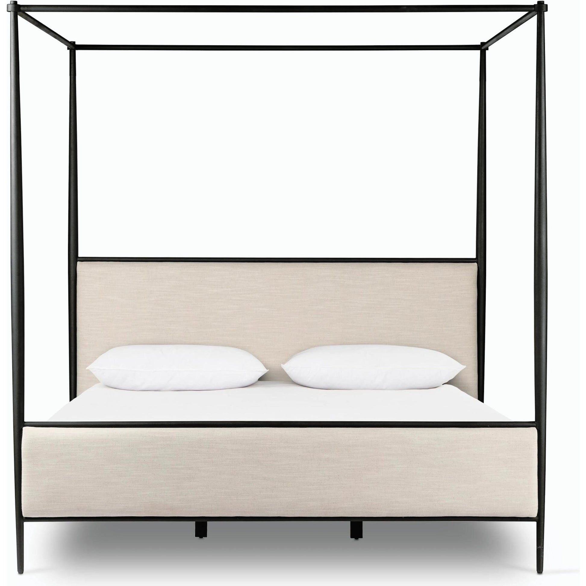 Xander Canopy Bed by Four Hands in savoy parchment, textured black iron. Made from 54% polyester, 36% viscose (rayon), 10% flax/linen, iron in a modern style.