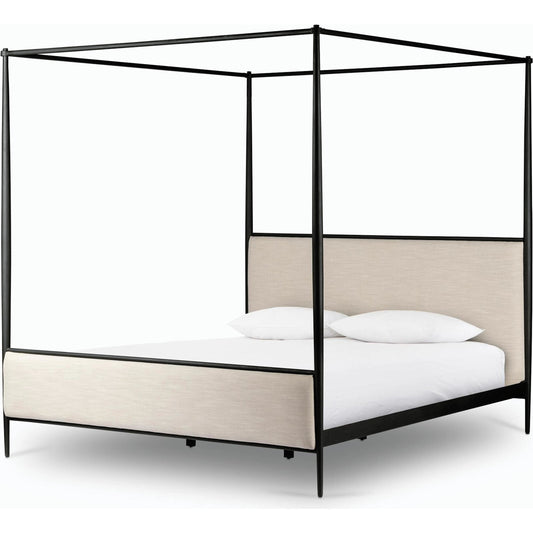 Xander Canopy Bed by Four Hands in savoy parchment, textured black iron. Made from 54% polyester, 36% viscose (rayon), 10% flax/linen, iron in a modern style.