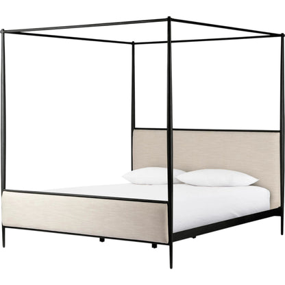 Xander Canopy Bed by Four Hands in savoy parchment, textured black iron. Made from 54% polyester, 36% viscose (rayon), 10% flax/linen, iron in a modern style.